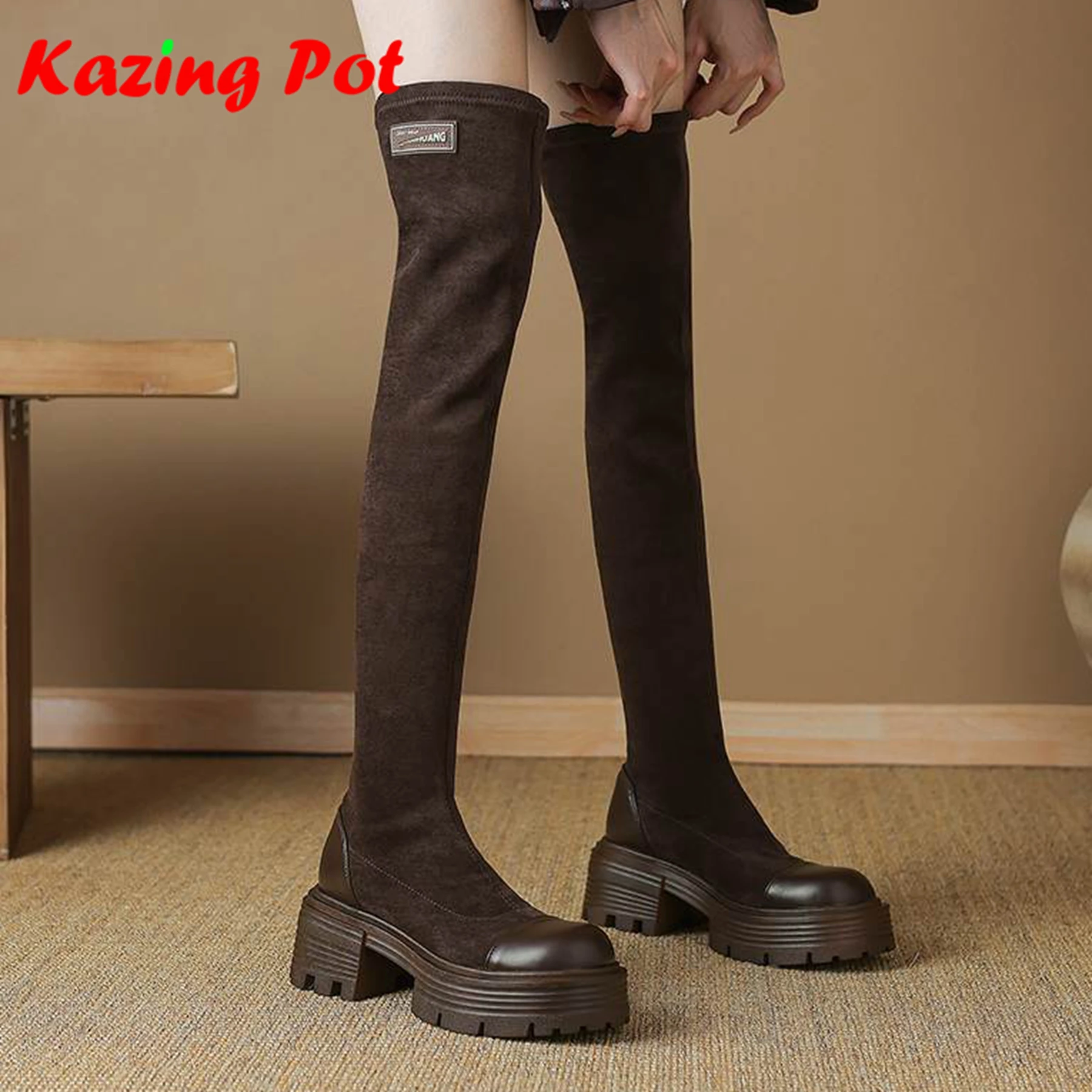 

Krazing Pot Flock, эластичные длинные сапоги на массивном высоком каблуке с круглым носком, сохраняющие тепло, элегантные современные нескользящие сапоги выше колена на платформе