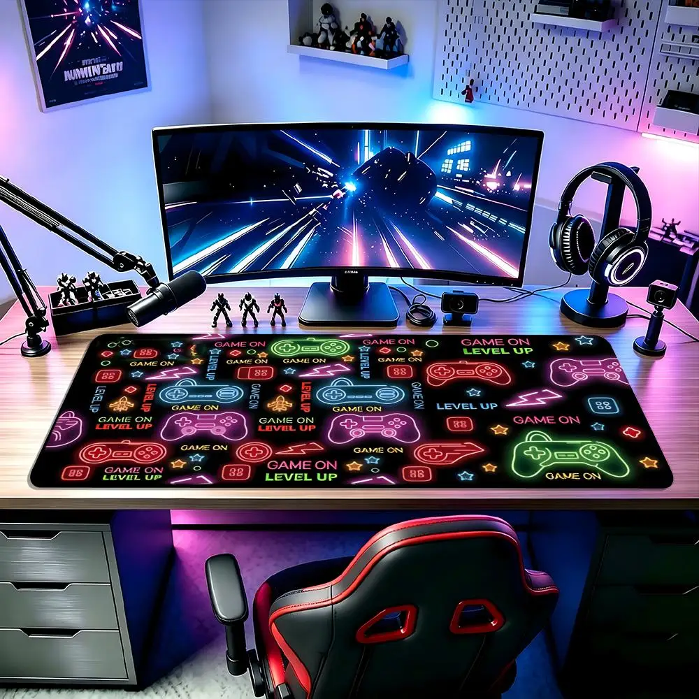 Neon Game Controller Large Gaming Mouse Pad, Retro Game Element Extended Desk Mat Stitched Edge Non‑Slip Rubber Base Keyboard