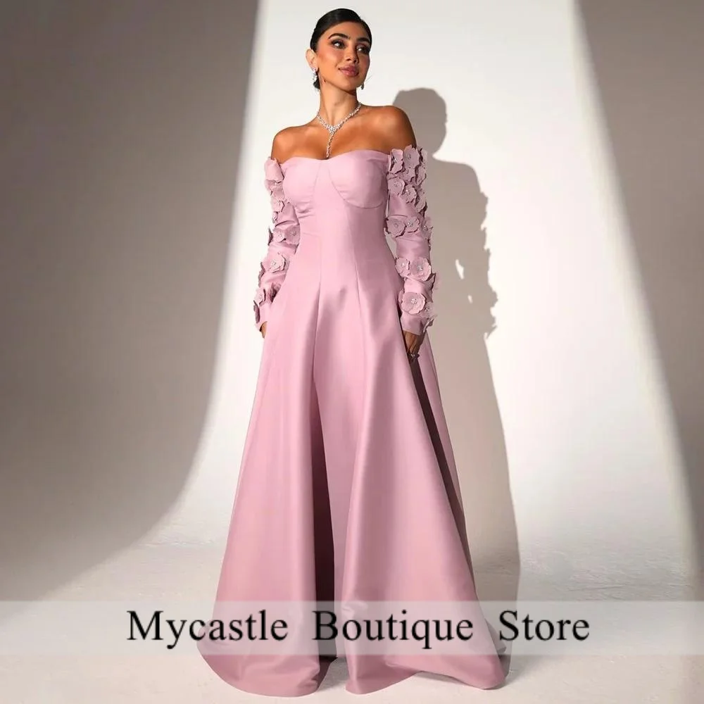 

Pink Off The Shoulder Evening Dress Customized 3D Flower Long Sleeves Floor Length Satin Aline Prom Gown Pageant Party Dresses