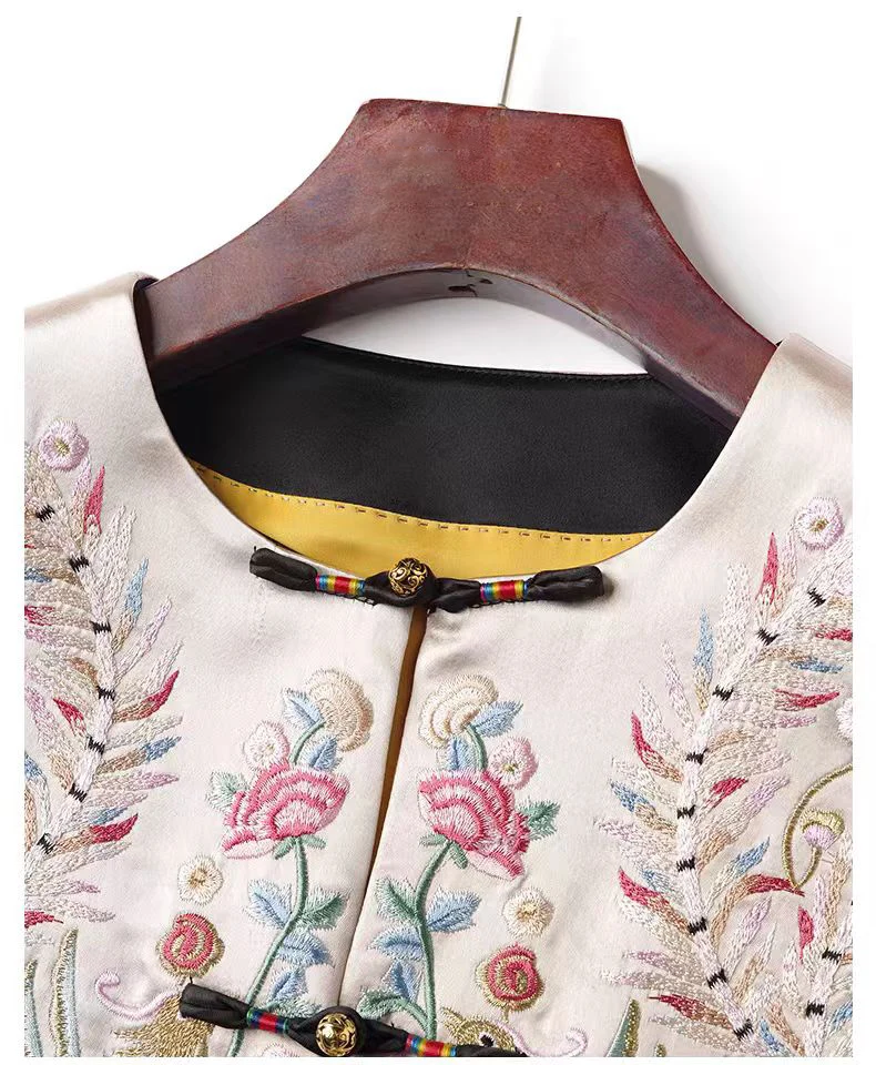 Spring New O-Neck Vintage Handmade Button Acetate Fabric Palace Embroidery Phoenix Noble and Elegant Vested Woman S-XL