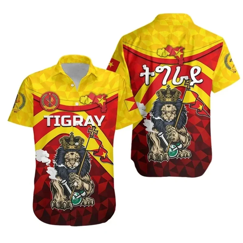 3d Printed Africa Tigray Coat Of Arms With Africa Pattern Hawaiian Shirts For Men Street Fashion Streetwear Short Sleeve Top Tee