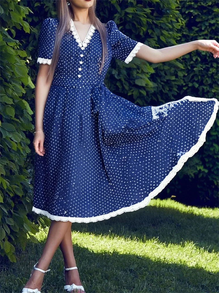 2025 Retro Vintage Lace Elegant ชุดราตรีสั้นกับเข็มขัด Polka Dot พิมพ์ V คอฤดูใบไม้ร่วงชุดราตรี 50s 60s ค็อกเทล