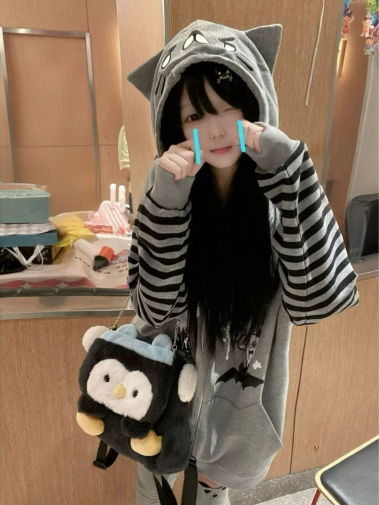 HOUZHOU Kawaii Gray Striped Juminocore Women Hoodies Y2k Japanese Harajuku Cartoon Print Zipper Hooded Sweatshirt Loose Sweet
