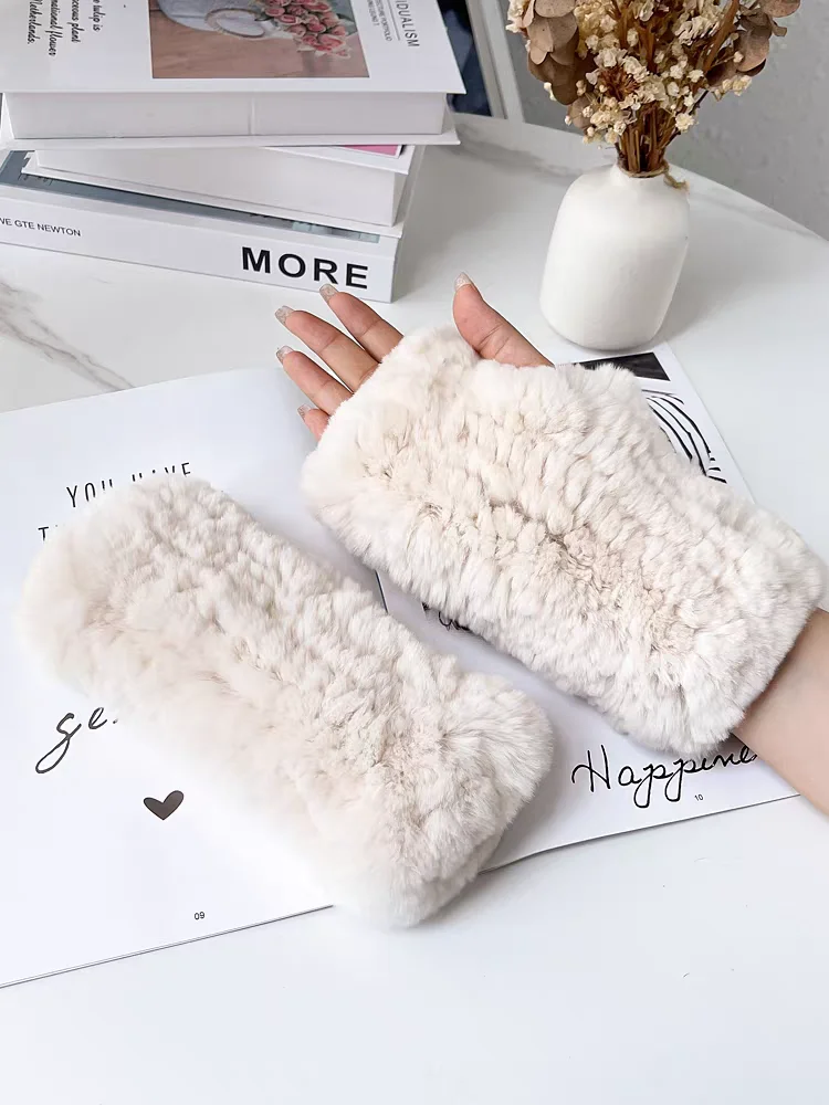 قفازات سميكة ودافئة من الفرو الحقيقي بدون أصابع قفازات مرنة من فراء أرنب ريكس الأصلي لفصل الشتاء #6