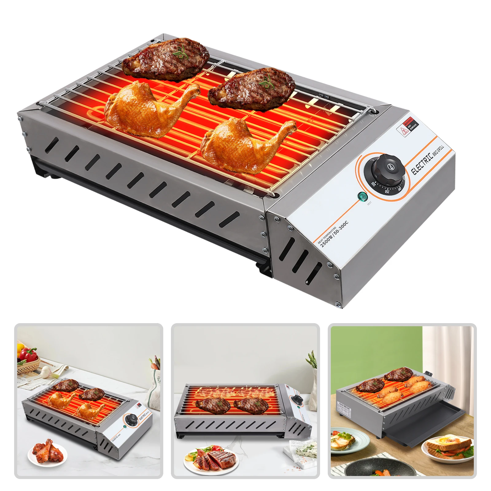 Parrilla de mesa eléctrica profesional de 2500 W, parrilla grande de barbacoa de acero inoxidable con temperatura ajustable 122-572 ° F para el hogar, fiesta