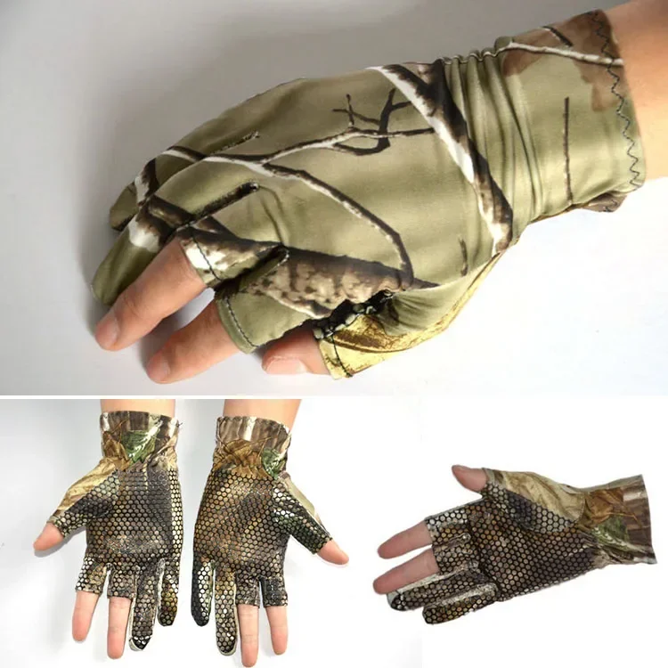Guantes de pesca de camuflaje, manopla fina elástica antideslizante de camuflaje, corte de 3 dedos, para acampar, ciclismo, caza, guantes de medio dedo de camuflaje