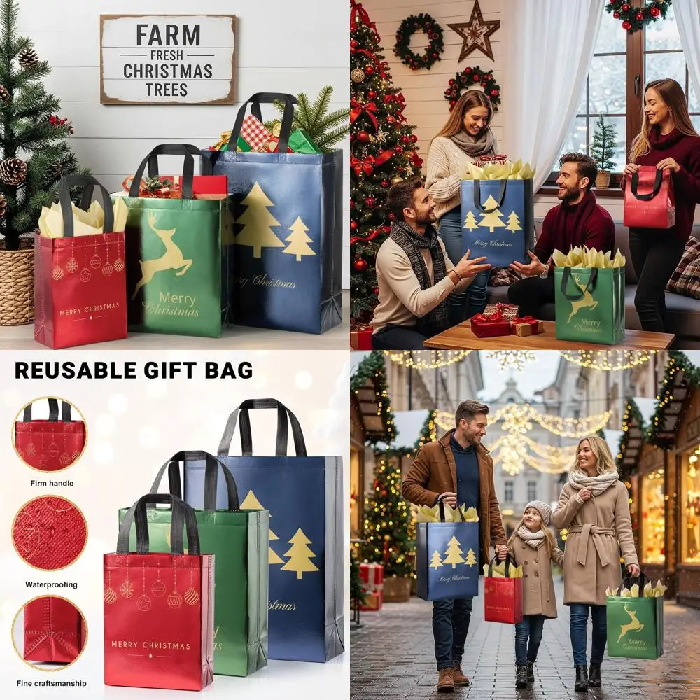 

36 Assorted Christmas Gift Bags - 12 Extra Large 16, 12 Large 12, 12 Medium 9 with Tissue Paper, Reusable Red, Green, Blue Desig