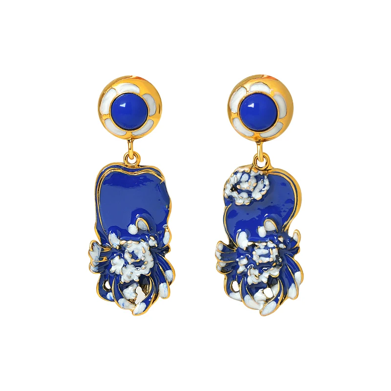 

Geometric square enamel dripping flower earrings, French retro temperament earrings