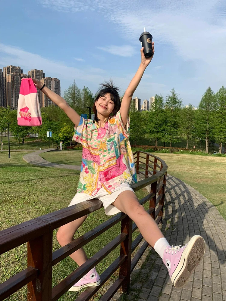 

Hawaii Loose ort Sve Женская irt Картина маслом Своичный летний топ с воротником обычной длины Премиум Feel