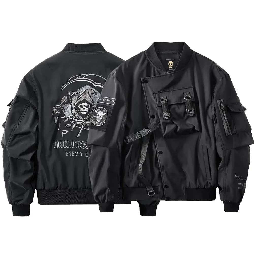 

2024New Mens Fall Winter American Street Workwear Jackets Zipper Pocket Solid Color Skull Death Embroidery Fashion Trend Jacket