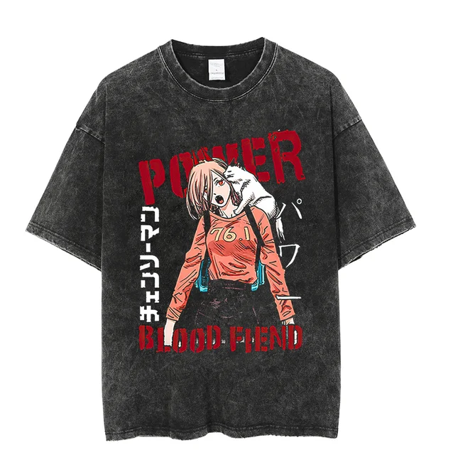 Chainsaw Man Power Blood Fiend Anime T-Shirt 2026 Sommer Vintage Washed Unisex Baumwolle Loose Fit Kurzarm Streetwear Grafik