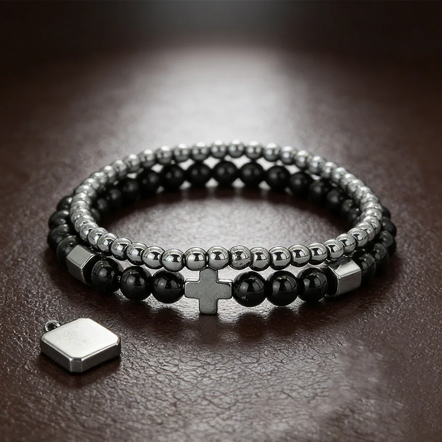2Pcs Hematite Cross Bracelet Set Malachite Obsidian Beads Stretch Stackable Women Men Punk Jewelry Elastic Charm Handmade Gift