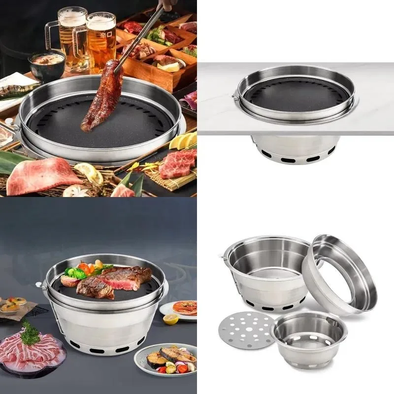 Portable Stainless Steel Charcoal BBQ Grill Foldable Trolley for 3-5 People Indoor Outdoor Commercial Use Gold Plated Surface