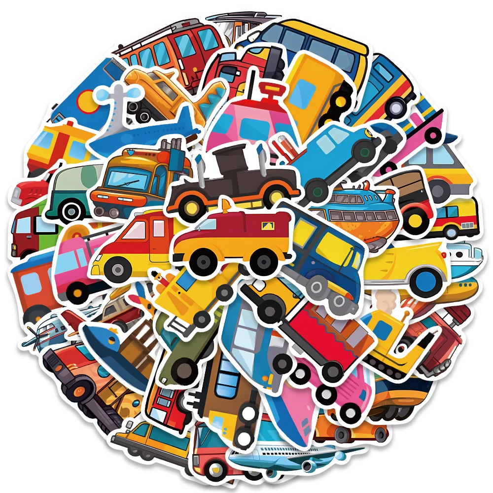 50pcs Vinyl Laptop Decals Cute Cartoon Bus Car Traffic Transportation Stickers For Luggage Guitar Phone Waterproof Graffiti