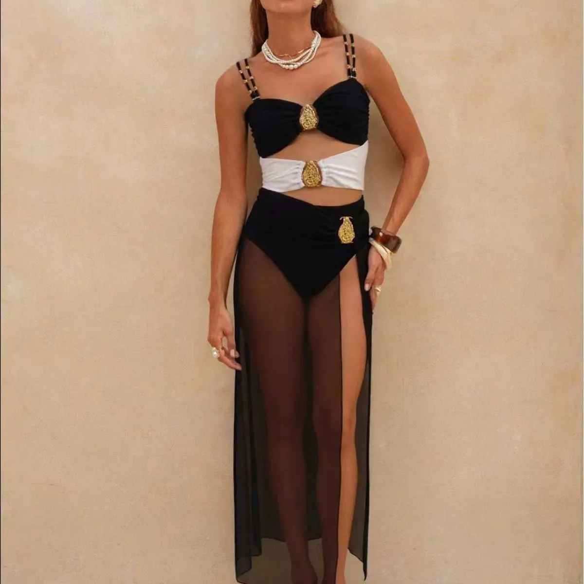2026 Women 2‑Piece One‑Piece Swimsuit Set Cut‑Out Monokini With Long Wrap Sarong Skirt Gold Decor Bathing Suit Beach Swimwear