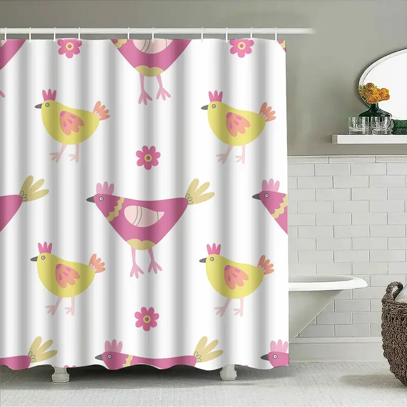 

Adorable Birds Shower Curtain Set Pink Yellow Red Chicken Pattern Bath Decor for Bathroom Made of Polyester Fabric, Waterproof,