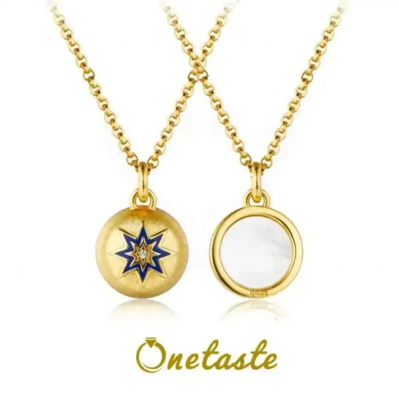 

CLEARANCE 925 Sterling Silver White Shell Star Double Sided Round Pendant Necklace 18K Gold Brushed Women's Necklaces Gift