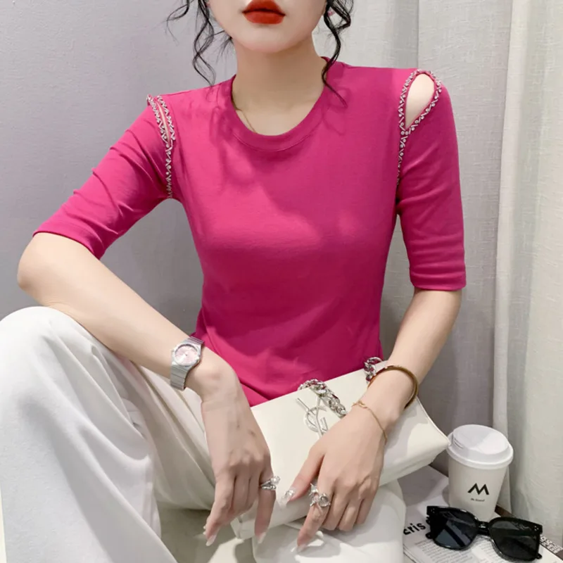 

#5404 Black Blue Red Half Sleeve T Shirt Women Hollow Out Diamonds Sexy Tight T-shirt Female Korean Style Elastic Cotton O-neck