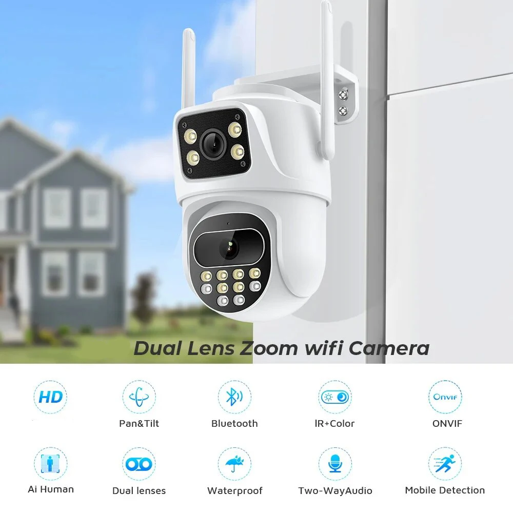 6MP Wifi Camera PTZ Outdoor Dual Screens Human Detection Dual Lenses Home Ai Auto Tracking Color Night Vision Bluetooth HDcamera