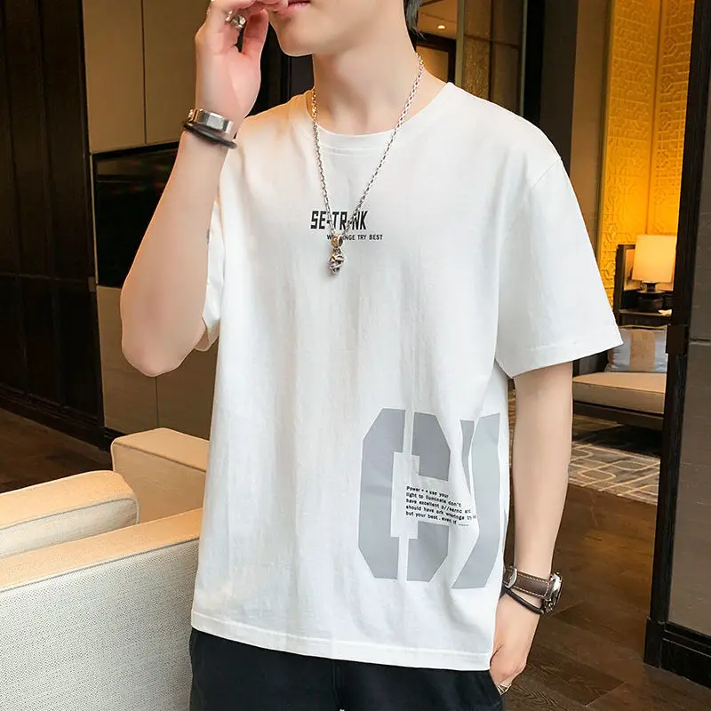 2023 Summer New Loose Round Neck Temperament Men's Fashion All-match Solid Color Letter Printed Casual Korean Version T-shirt