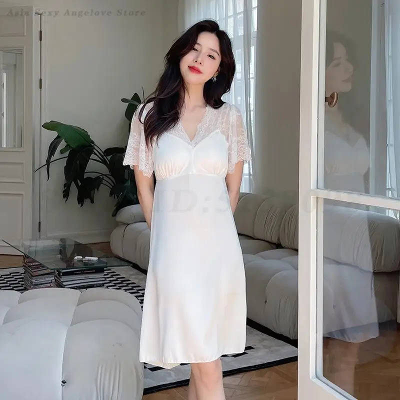 French Elegent Style Nightgown Women Sexy Lace Hollow Out Nightdress Gown Short Sleeve Lingerie Retro V-Neck Sleepwear Homewear 2