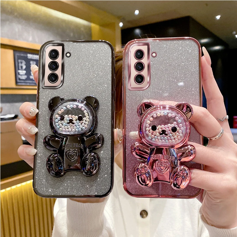 S 21 S 22 Glitter Bling Bear Silicone Phone Holder Case On For Samsung Galaxy S21 S22 FE Plus Ultra Girl Woman Stand Back Cover