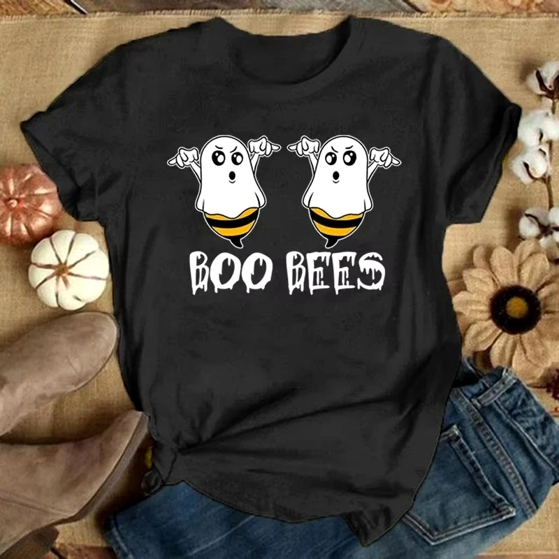 Halloween Short Sleeve Tee Shirt Femme Funny Boo Bees Letter Print Clothes Casual Kawaii Women  Harajuku Clothing Free Shipping