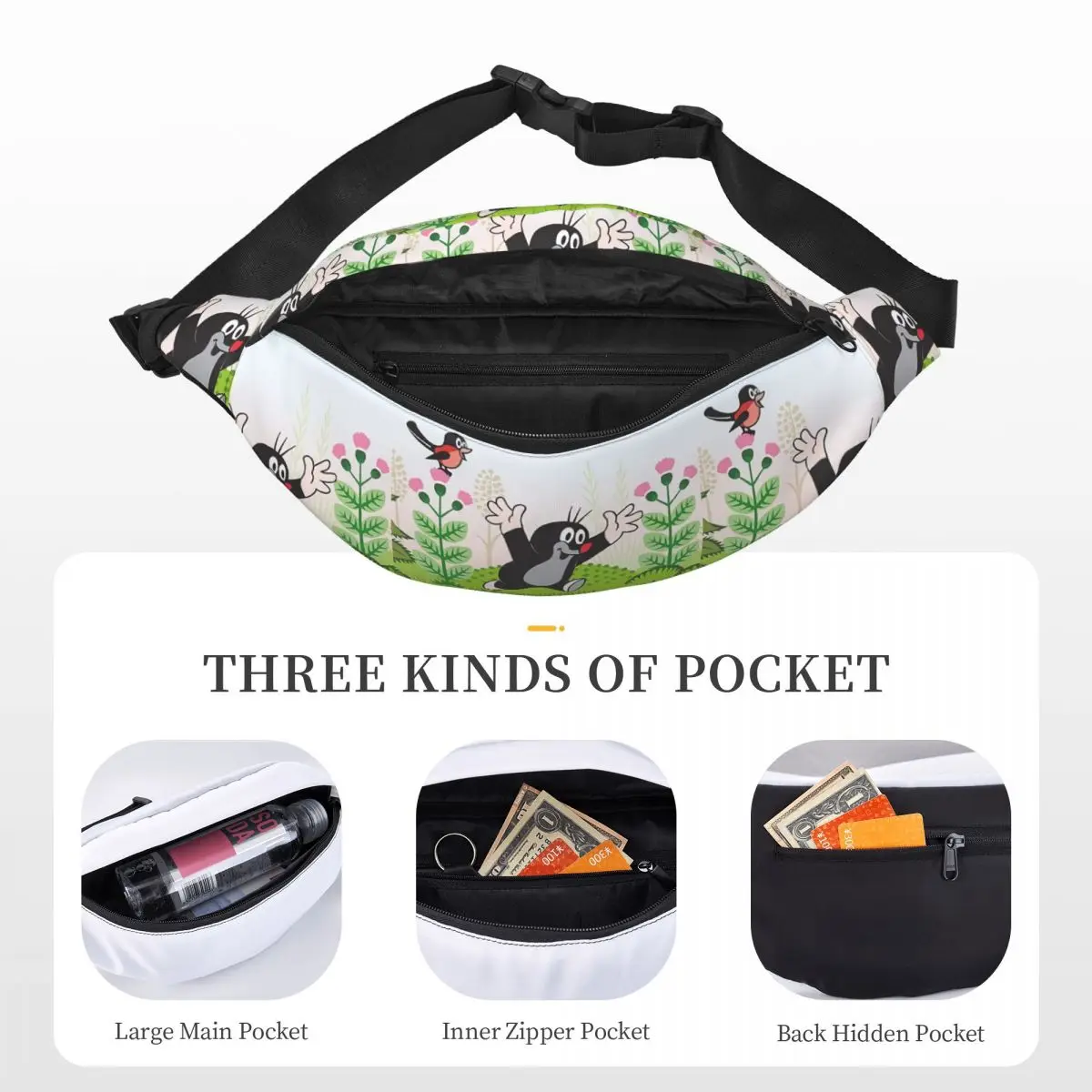 Feliz Mole Cartoon Fanny Pack, Cool Krtek Little Maulwurf Sling, bolsa de cintura crossbody para viajar, bolsa de dinheiro para mulheres e homens