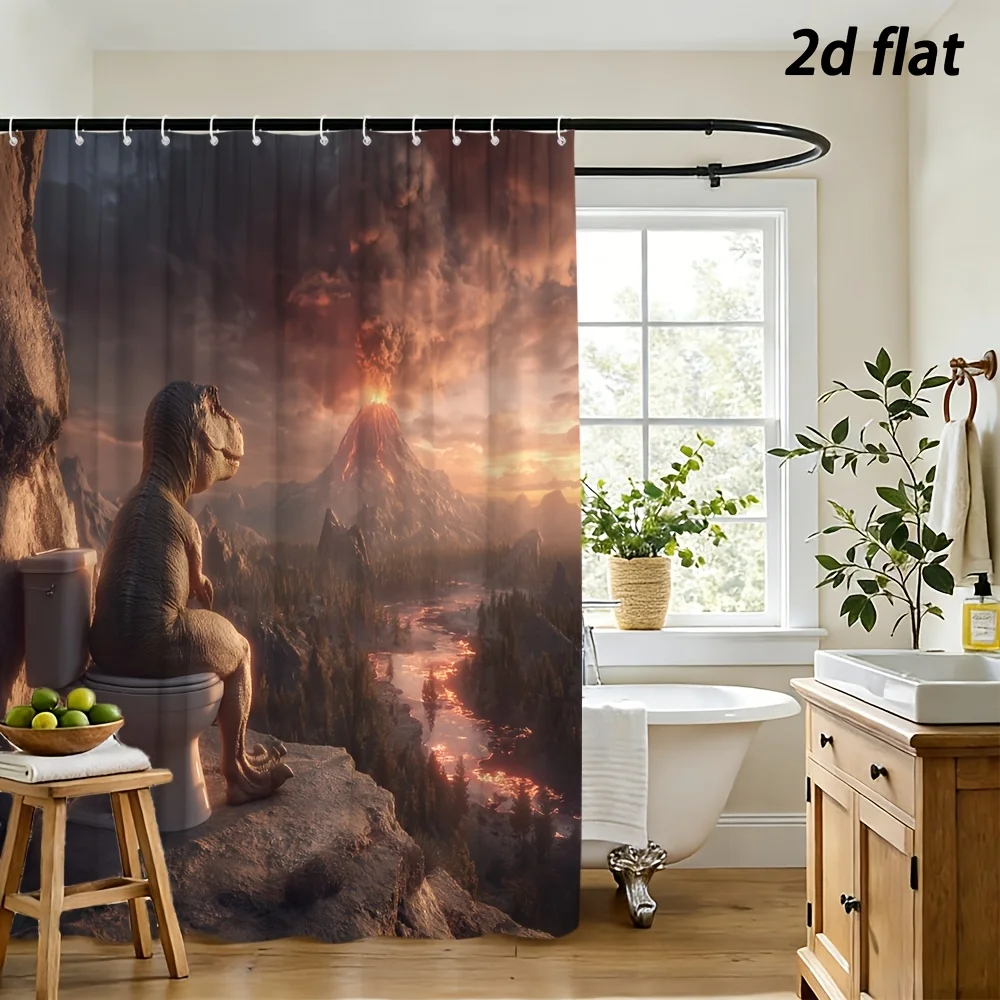 Funny Dinosaur Shower Curtain, T‑Rex Sitting On Toilet With Volcano Eruption Scene, Fun Curtain for Family Bathroom Interior