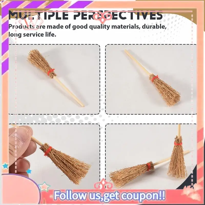 AT84-20Pcs Mini escobas de paja artificiales en miniatura con cuerdas rojas decoración de casa de muñecas de paja de Halloween juguete de decoración de fiesta de brujas