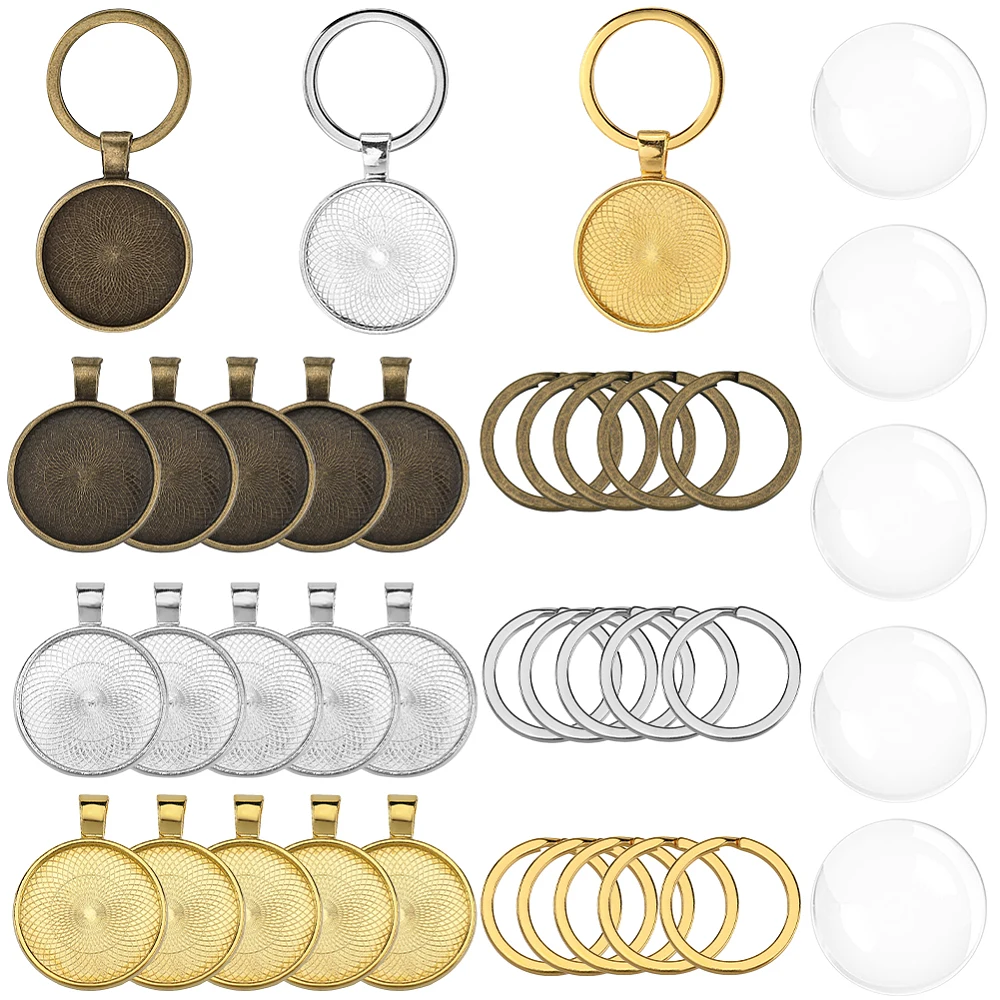 

DIY Blank Dome Alloy Flat Round Pendant Kaychain Making Kits Mixed Color Tray: 25mm 35.5x27.5x2mm Hole: 5.5mm 3 colors
