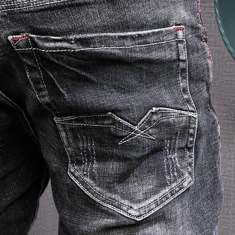 Newly Designer Fashion Men Jeans Retro Black Gray Elastic Slim Fit Ripped Jeans Men Trousers Vintage Casual Denim Pants Hombre