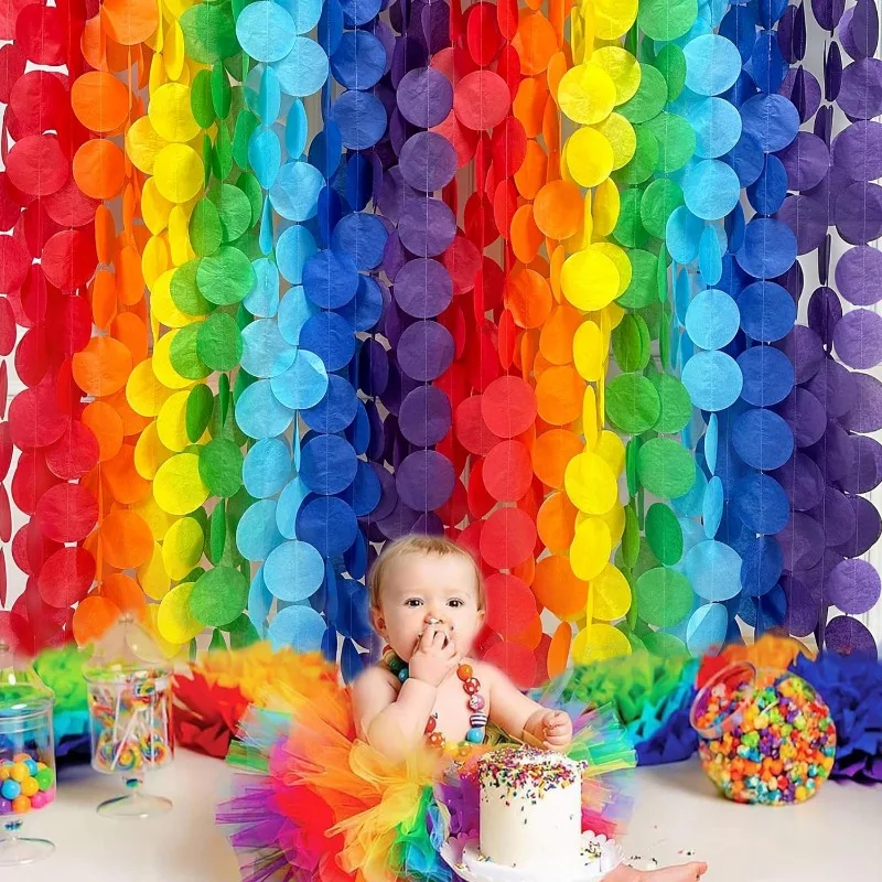 Rainbow Party Decorations Big Polka Dot Tissue Paper Backdrop Streamer Circle Hanging Garland for Fiesta Carnival Party Supplies