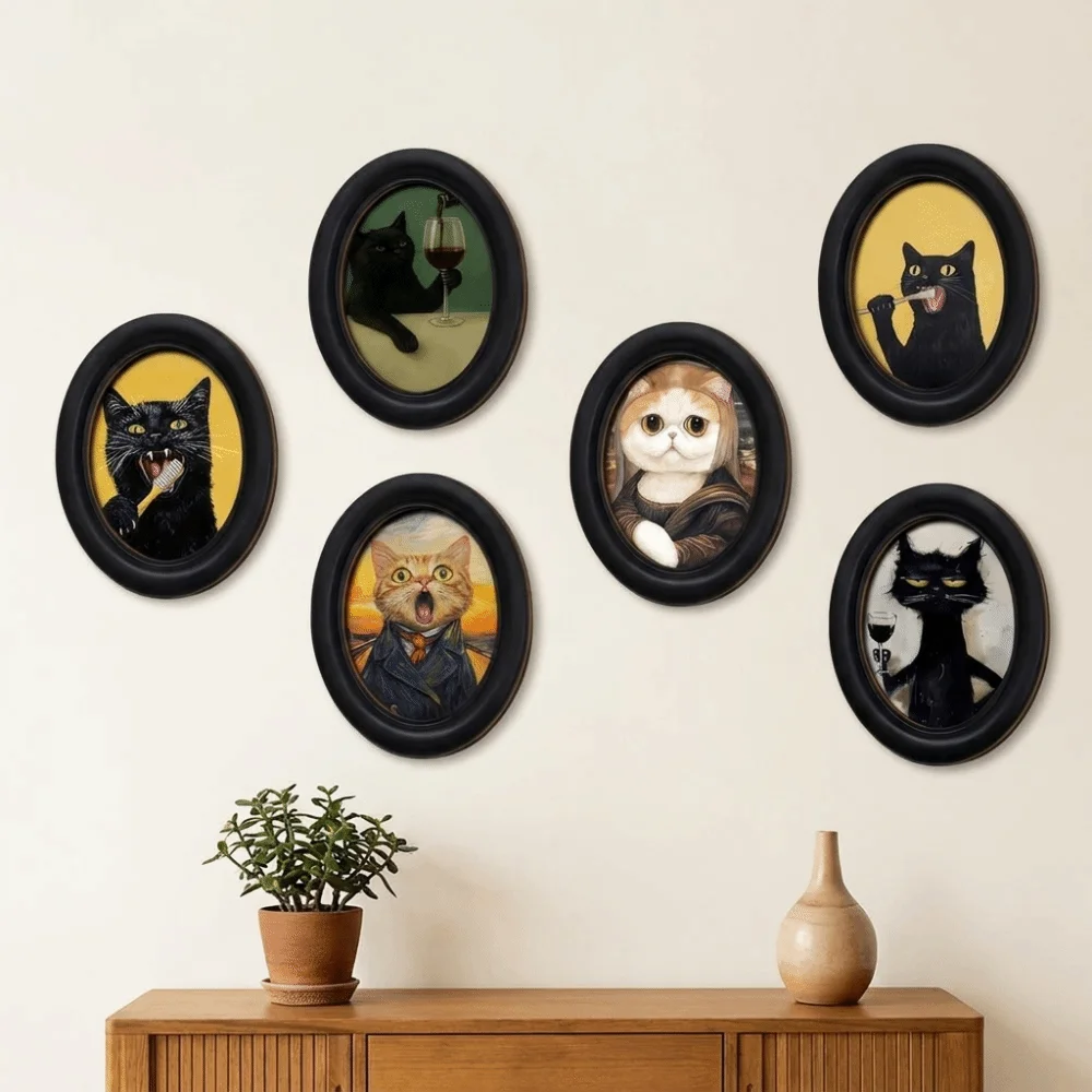 New 2D Abstract Wall Art Oval Shaped Wooden Wall Decor UV Printed Black Frame Cat Portrait Decor Home