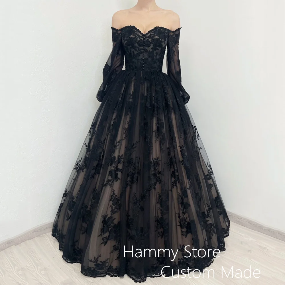 Romantic Gothic Wedding Dress Woman Puff Sleeves Sweetheart Applique Floor Length Corset Black Bridal Gown Vestido De Noiva