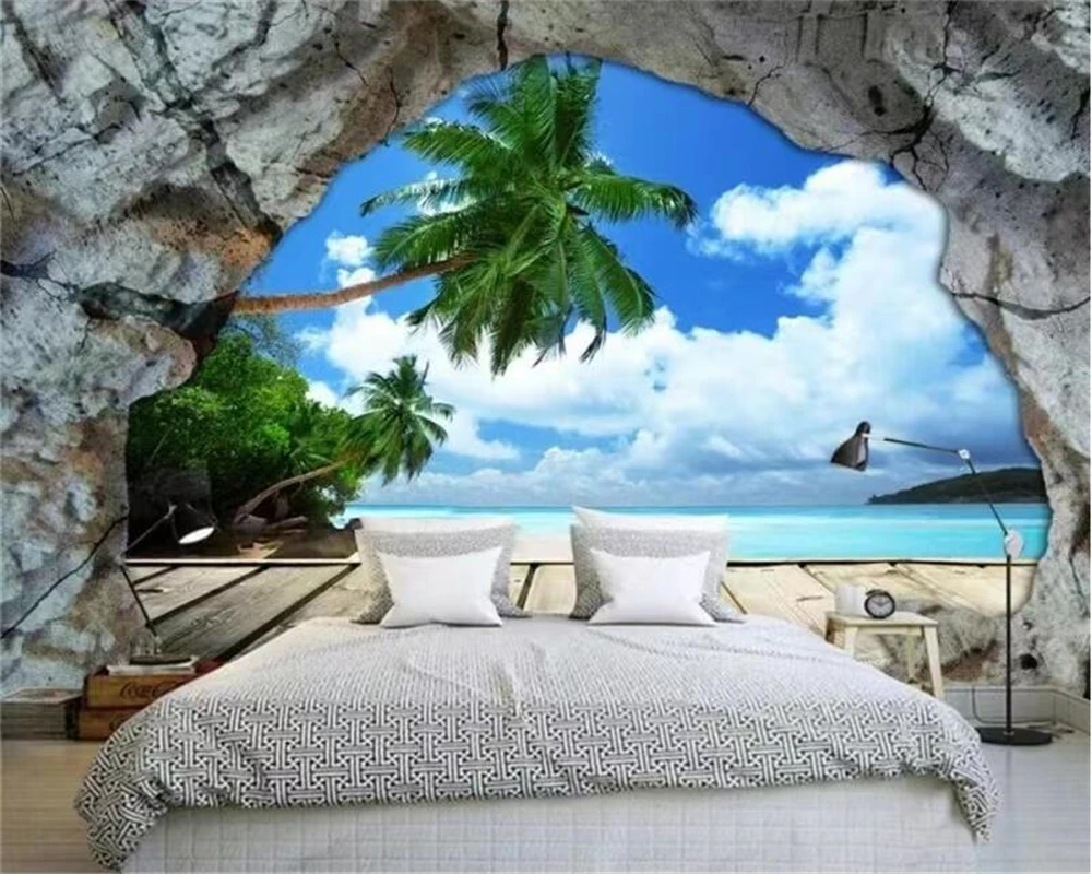 Custom size Wallpaper Cave Rock Coconut Tree Beach Background Mural Home Decor Living Room Bedroom Space Extension 3d wallpaper