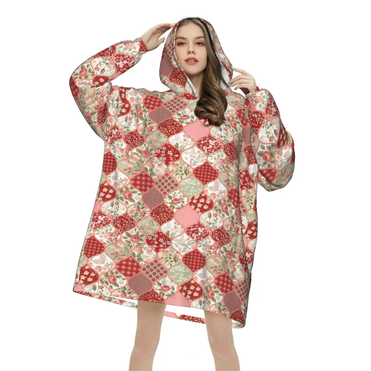 Floral Patchwork Blanket Hoodie Oversized Wearable Sweatshirt Blanket Warm Gifts for Women Girls Girlfriend