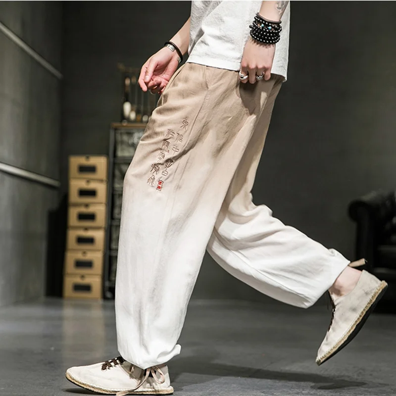 

Chinese Style Summer Thin Plus Size Embroidery Cotton Linen Casual Pants Male Gradient Color Loose Joggers Men Clothing