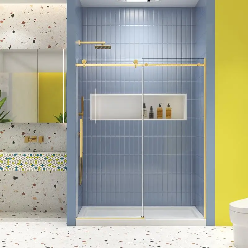 

Sliding Glass Shower Door, Soft Close, 5/16" Tempered Glass, Brushed Gold Finish, Adjustable 56-60"x74", Modern Design