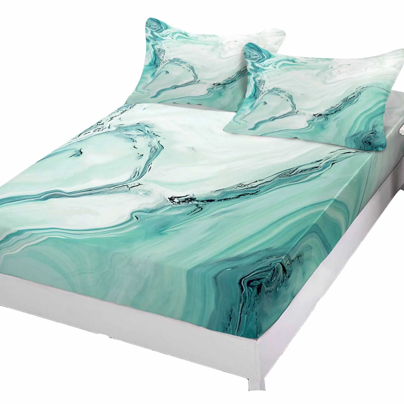 Marble Fluid Texture Blue-Green Polyester Fitted Sheet Mattress Cover Four Corners Elastic Band Bed Sheet With Pilllowcase