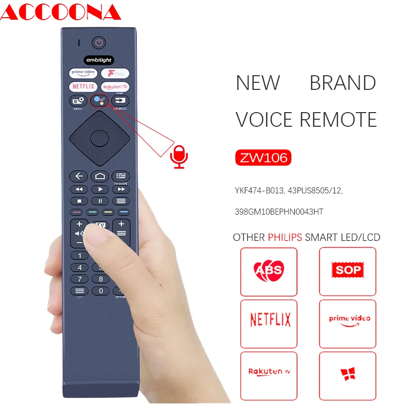 Accoona New Genuine Voice Remote Control FOR Philips Ambilight 4k HD Lcd Smart TV YKF474-B013 43PUS8505/12 398GM10BEPHN0043HT