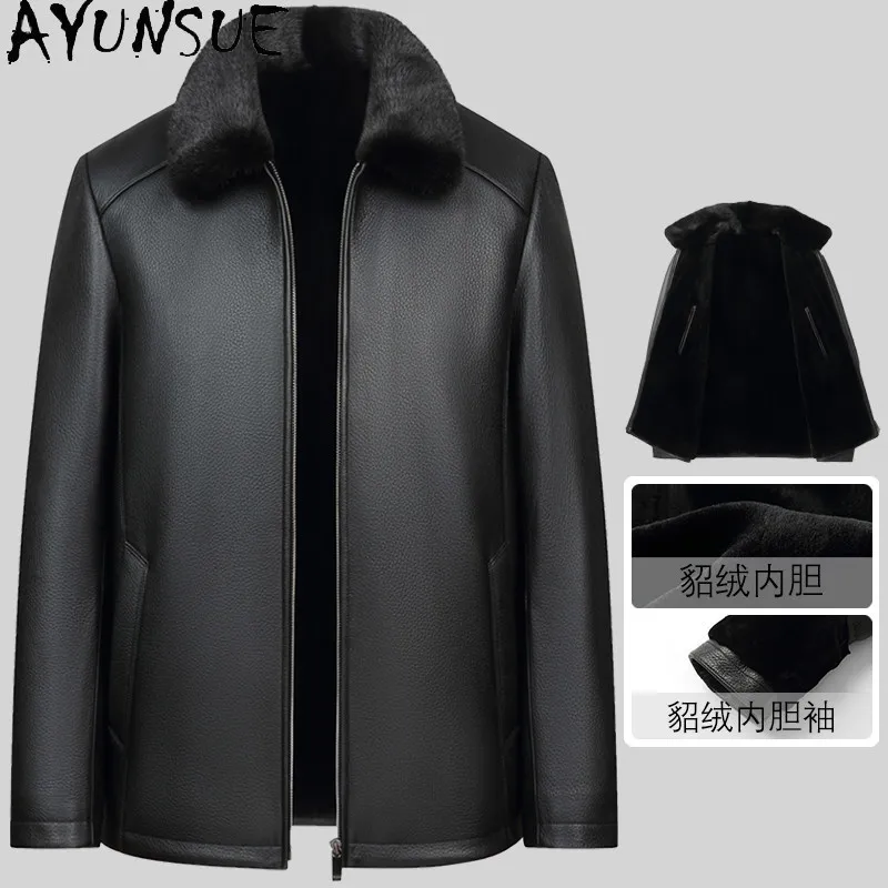 AYUNSUE High-end Real Fur Coat Men Luxury Sheared Mink Fur Liner Parkas Genuine Deerskin Leather Jacket Man Clothing chaquetas
