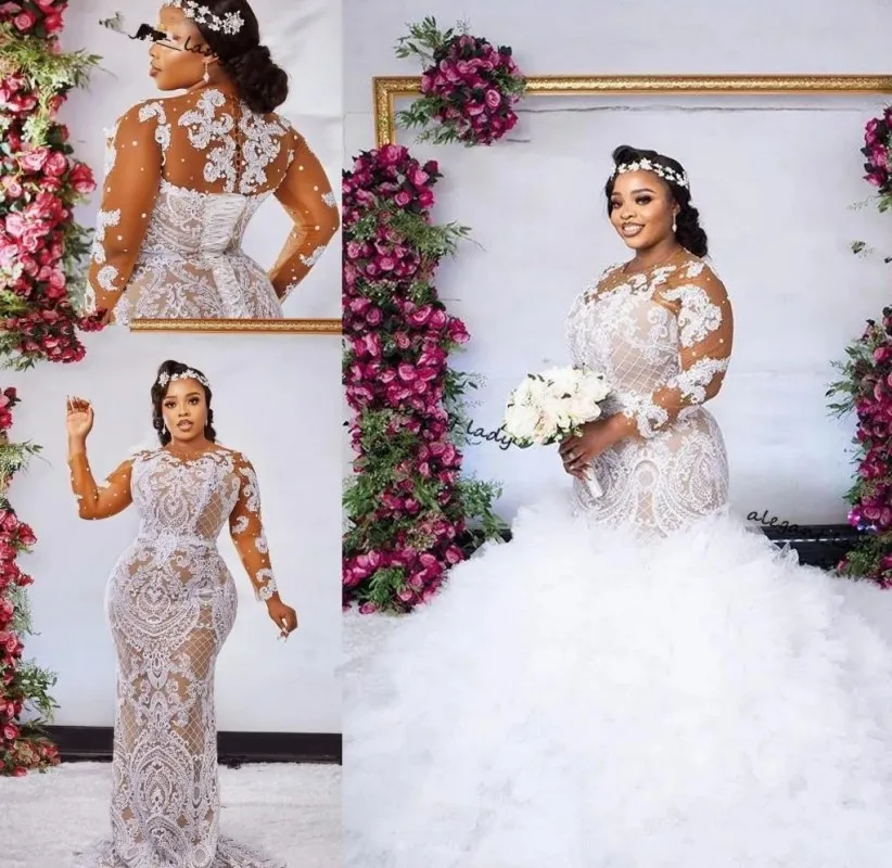 

Plus Size Arabic Mermaid Wedding Dresses with Detachable Train Long Sleeves Lace-up Beaded African Bride Gowns Robe De Mariage