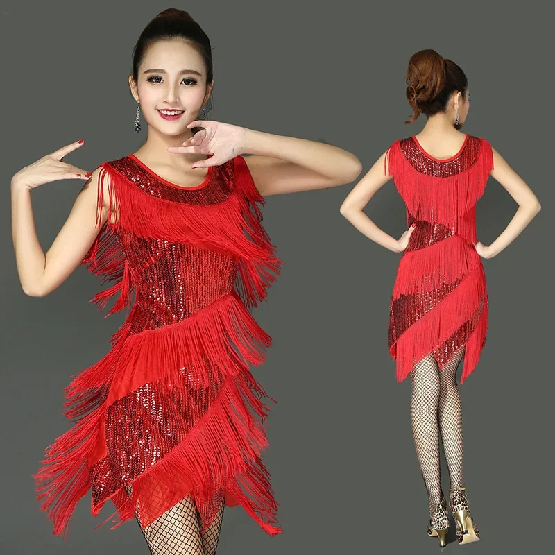 Women Sexy Latin Dance Dresses Fashion Women Dress Summer Tassel Sleeveless Rumba Samba Night Clubwear Sequins Party Dresses