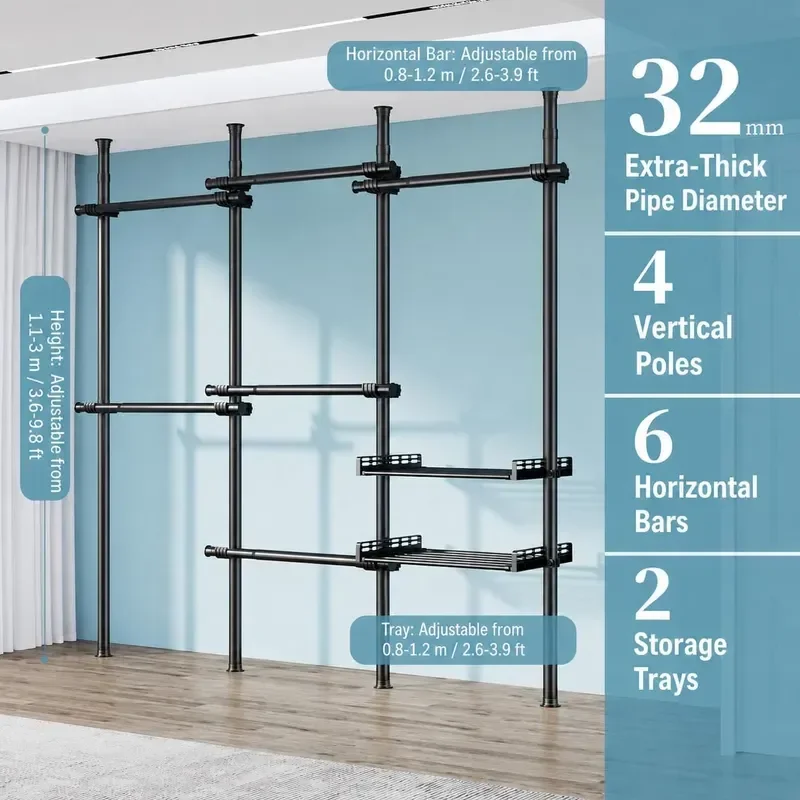 Telescopic Wardrobe Storage Rack No Drilling Standing Organizer Black