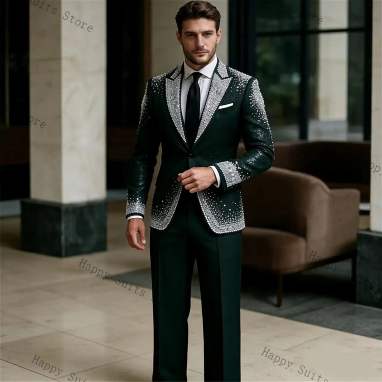 

Luxury Crystals Men Suit Set 2 Pcs Groom Blazer+Pants Trousers Green Formal Office Coat Wedding Tuxedo Customized Jacket Outfit