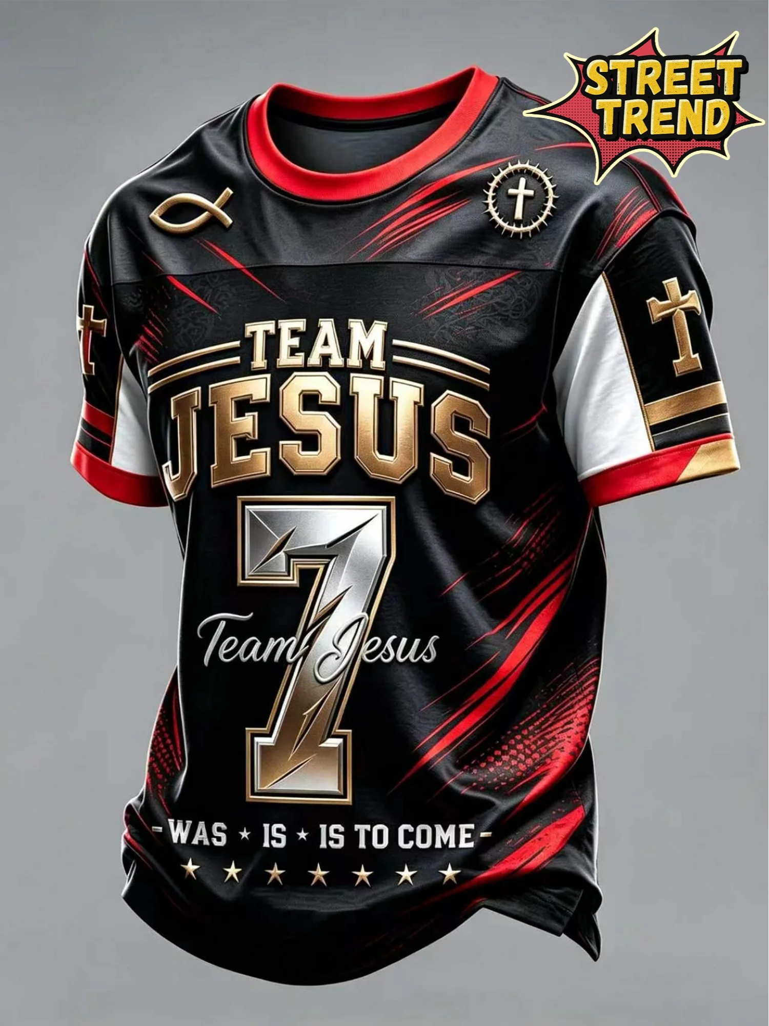 Black Red Gold Team Jesus 7 CrewNeck Football Jersey Unisex Plus Size Oversized Y2K Vintage Sporty Summer Casual Gift Top