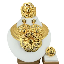 Fashion Brazilian Gold Plated Jewelry Set All Copper Material Hollow Surround Necklace Simple Flower Style FHK14098