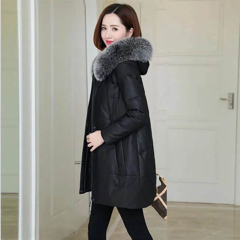 Loose Fit Leather Jacket Warm Women Parkas Fur Collar Hooded PU Leather Coat Autumn Winter Korean Thick Long Leather Overcoat