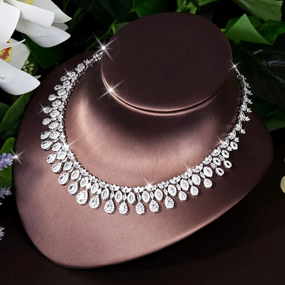 Nigéria branco ouro cor zircônia cúbica conjunto de jóias de casamento nupcial forma gota água 4 pçs colar brinco conjunto bijoux S-348